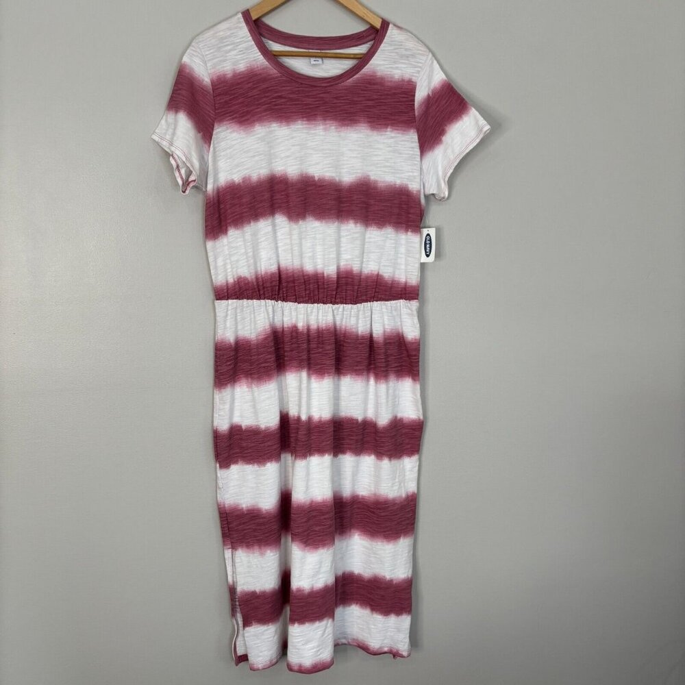 Old Navy Midi Dress Large Mauve Pink White Striped Elastic Waist Short Sleeves
